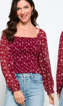 Lush‎ reyna ditzy floral smocked top on burgundy floral