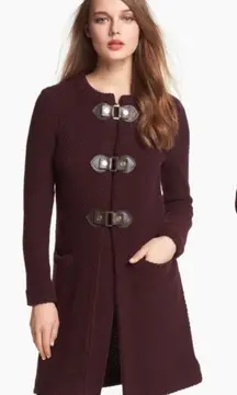 Tory Burch Wool Sweater Coat Size XSmall Knit Plum Burgundy Cardigan Gold Button