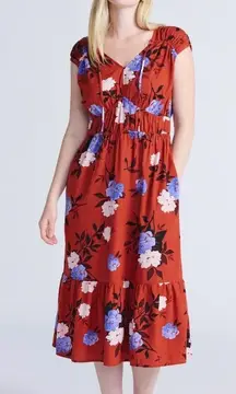 Time and Tru Women's Rust Floral Print V Neck Tiered Midi Dress L NEW