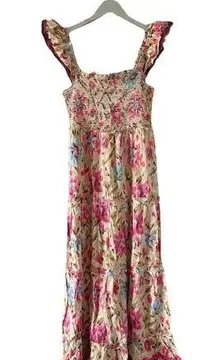 House of Harlow Smocked Cotton Floral Maxi Dress Zoey Khaki NEW