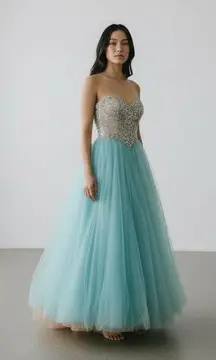 Terani Couture Glamour Sequin Tulle Ballgown - Aqua Blue Princess Prom Dress 4