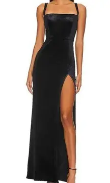 Amanda Uprichard  Meg Gown Black Velvet MEDIUM Designer Side Slit Maxi Dress Flaw