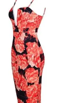 Shareen Collection V Neck Black and Orange Floral Print Dress