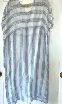 Eileen Fisher Organic Linen Caftan Dress Thin Gauze Unlined Size XXS‎ Blue White