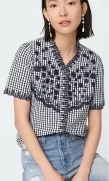J Crew Embroidered Navy Gingham Button Up Top Short Sleeve Ruffle fall casual