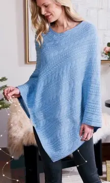 Soft Surroundings Women's Blue Sweater Poncho Popover One Size Cable Knit NEW