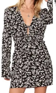 The East Order mini floral dress, long sleeve w/ruffle, plunge‎ neckline, Size L
