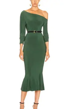 Norma Kamali green long sleeve drop shoulder fishtail hem midi dress size XS