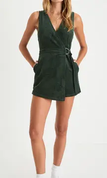 Lulu’s Absolutely Cute Dark Green Corduroy Faux-Wrap Skort Romper