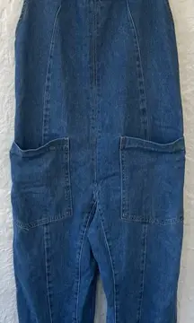 Free People One And Done denim slouchy jumpsuit with drop-crotch harem legs; S