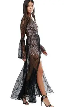 Whyte Eyelash Skirted Maxi Black Lace Sheer Romper Deep V-neck bell sleeves S