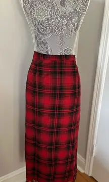 VTG 90s Wool Blend Maxi Skirt Sz:12 Fringe Ends Red Black Tartan Plaid. Lined