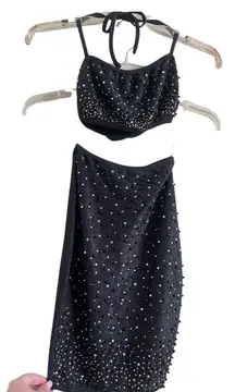 Black Beaded  Set:  Skirt and Crop Top w Halter Ties Sz 0 NWT