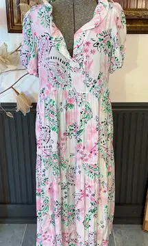 Crown & Ivy White & Pink Paisley Ruffle V-Neck Puff Sleeve Maxi Dress Sz S 💚🍄