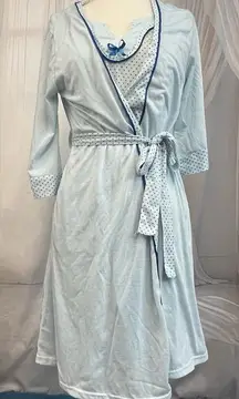 LATI Nightgown Sleepwear Light Blue Robe Set Polka Dot Trim