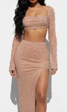 Oh Polly Bordeaux Pearl Embellished Crop Top & Maxi Skirt Two Piece Set