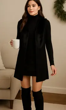 Valerie Stevens‎ Black Faux Fur Knit Vest Size S | Longline Open Front Layering