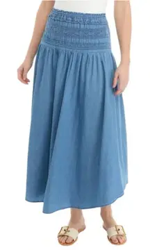 CUPIO 100% Cotton Smocked Waist Denim Boho Midi Skirt Size XL