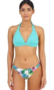 Teal Swimsuit top with tropical print bottoms size Large  beach pool summer