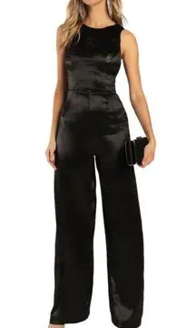 NWT Lulus Joyful Black Satin Open Tie Back Jumpsuit Size M