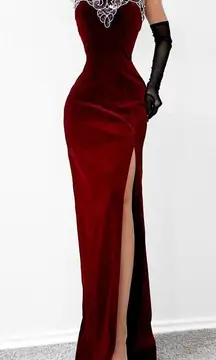 Vintage Burgundy Red Strapless Sequin Beaded Velvet Bodycon Maxi Slit Formal Prom Dress Size S