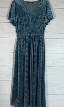 Merokeety blue teal velvet midi dress size M ruffle sleeve V Neck stretchy