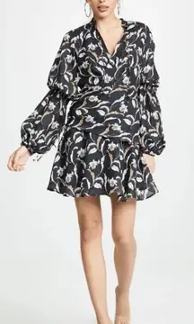Acler Zammit Mini Dress‎ Long Sleeve Floral Printed Draped Navy Blue Size US 6