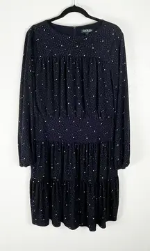 LAUREN RALPH LAUREN Navy Speckled Long Sleeves Tiered  Dress, Size 14