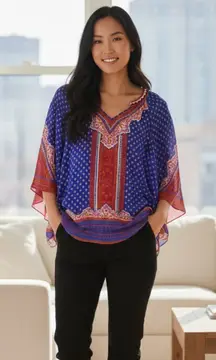 Hale Bob Beaded Purple Silk Paisley Print Peasant Top Size XS Rich Hippie Boho