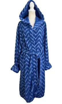 Brooklinen Terrycloth Blue Bath Robe Cheveron Motif Hooded