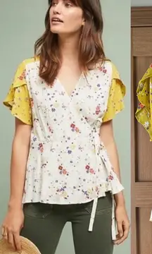 Meadow Rue Anthropologie Bon Voyage Floral Wrap Blouse Cream/Yellow Women sz 14