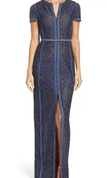 BCBGMaxazria Cailean Lace Blue Slit Front V Neck Maxi Gown Dress Womens 6