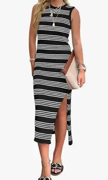 NEW Midi Sleeveless Knit Side Slit Striped Maxi Tank Sweater Dress S