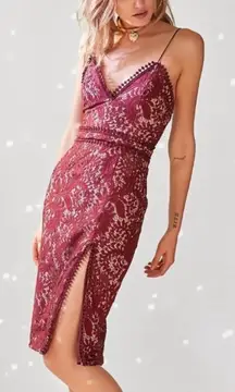 Style Stalker Davis Deep‎ V Midi Dress Lace - Wine Burgundy Slit Bodycon Size S