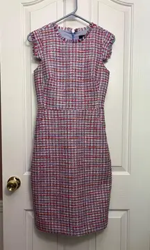 J Crew Tweed Blue And Pink Woven Pattern Sheath Dress Sz 00 With Fringe