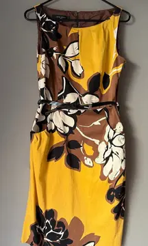Nine West sz 10‎ Yellow Brown belted floral sheath dress