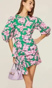 RHODE Pia Floral Print Pink Green Floral Hourglass Puff Sleeves Mini Dress S