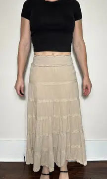In Loom Bohemian Tan Tiered Flowy Midi Skirt Size Small