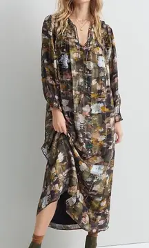 Anthropologie brown, gold printed midi dress. Cute with sash or without. Size M