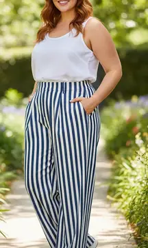 J. Crew Blue & White Sailor Stripe Essentials High Waist Wide Leg Pants 22