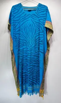 Vintage Boho Blue Zebra Striped Kaftan Dress Fringe Hippie Sari Bohemian Indian