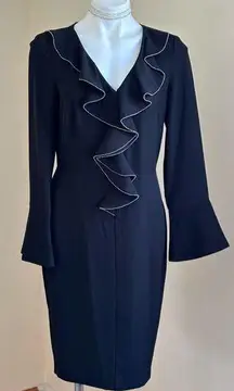 Donna Karan  Classy NWT Black Dress Ruffle outline Sequence Bell Sleeves Sz 8