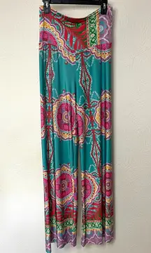 Pleated Blue and Pink Medallion Print Maxi Wide Leg Pants for Resort Wear