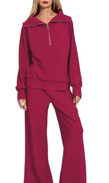 Zenana Cabernet Burgundy Ribbed High Neck Half Zip Pullover & Pants 2pc Set S