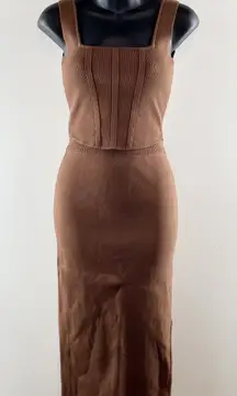 Miou Muse Knit Set Cropped Corset Top High Rise Midi Skirt Brown Small