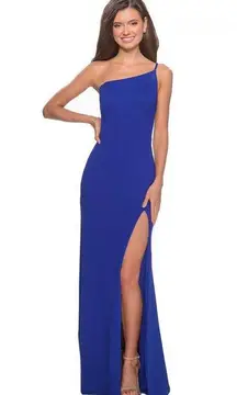 Royal Blue One-Shoulder Side Slit Jersey Gown Size 12