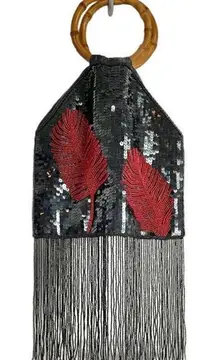 Vintage Retro Womens Sequin Beaded Bamboo Handle Fringe Handbag Black Maroon‎ OS