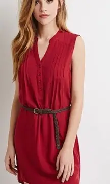 Forever 21 NWT Burgundy Crimson Red Pleated Belted Shirt Dress Button Down Shift