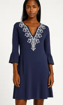 Tori Richard Womens Navy Blue‎ Embroidered Bell Sleeve Tunic Boho Dress Size XS