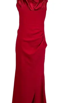 AQUA Satin and Crepe Ruffled Long Column Evening Gown Red Size 12 Formal Dress